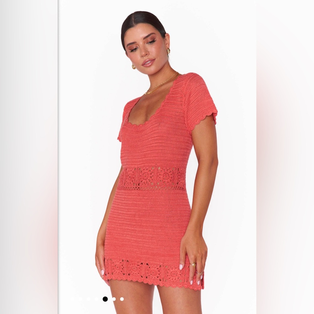 Show Me Your MuMu Destination Mini Dress in Crochet Coral